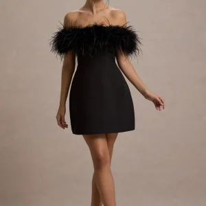 Palace | Vestido negro corto con escote bardot y ribete de plumas