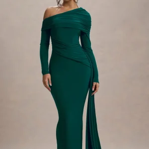 Valina | Vestido largo verde botella con drapeado lateral y mangas largas