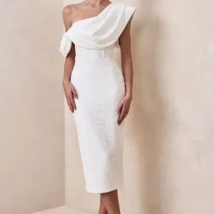 Farvera | Vestido Midi Blanco De Encaje Con Escote Asimétrico Y Detalle Drapeado