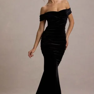 Apolline | Vestido Largo de Terciopelo Negro con Hombros Descubiertos y Cola de Sirena Fruncida