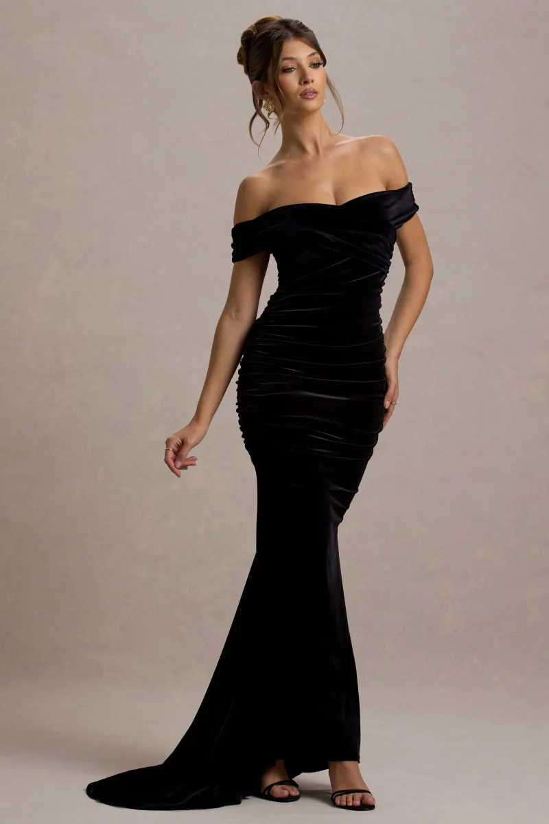 Apolline | Vestido Largo de Terciopelo Negro con Hombros Descubiertos y Cola de Sirena Fruncida - Imagen 2