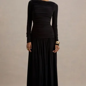 Aniyah | Vestido Negro Largo con Cuello Alto y Detalles Fruncidos