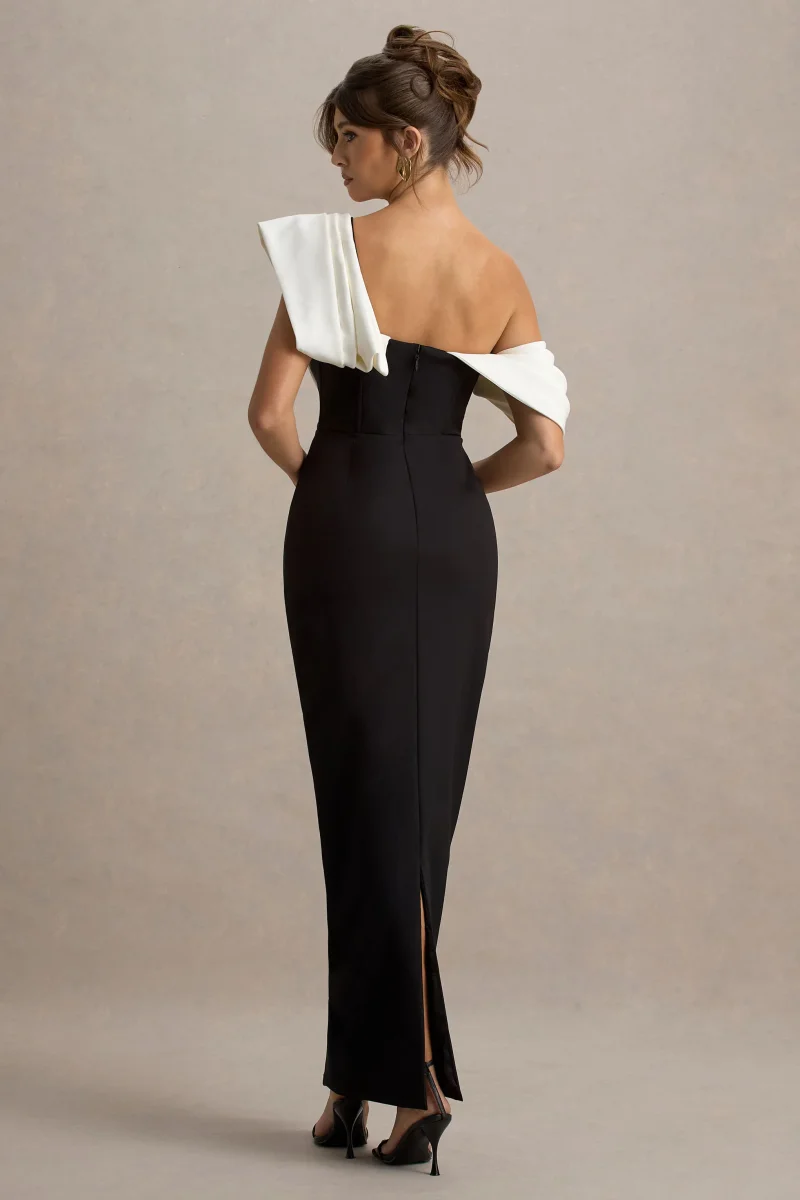Angelina | Vestido largo negro y escote asimétrico con detalle drapeado en blanco - Imagen 3