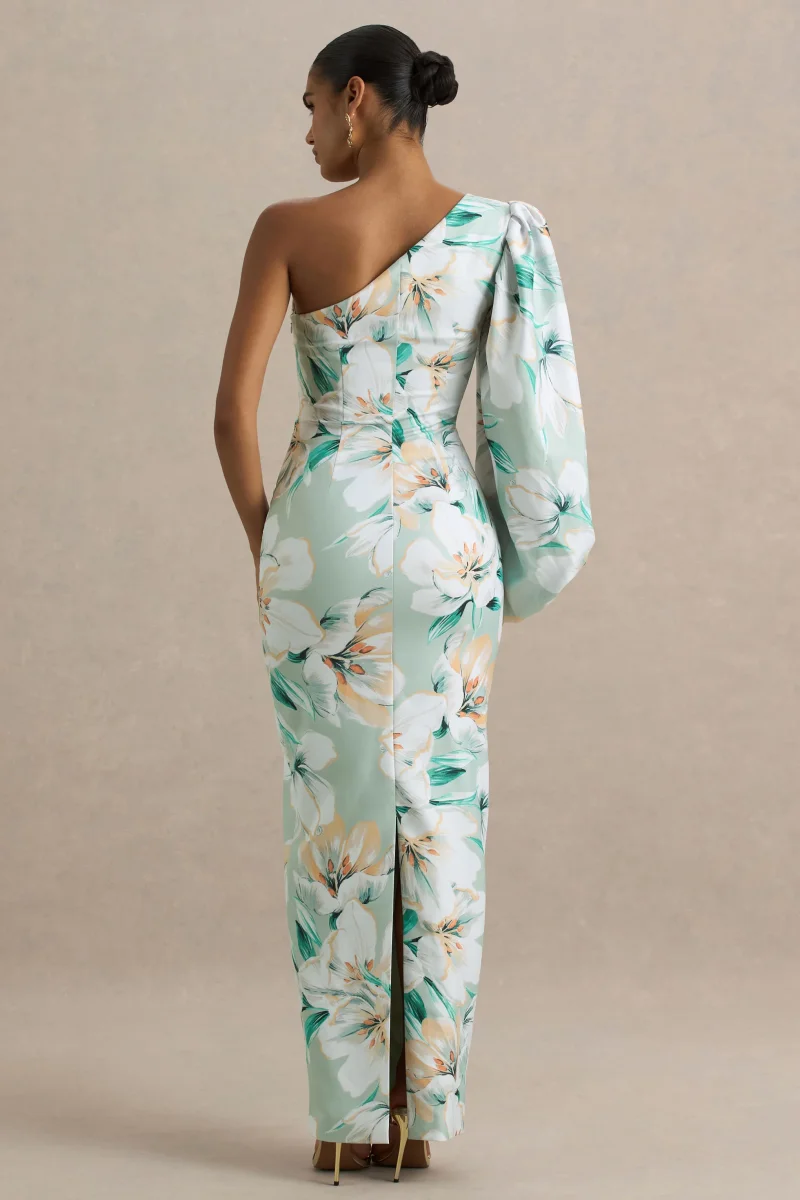 Kellis | Vestido largo Asimétrico con Manga Abullonada en Estampado Floral Verde - Imagen 3
