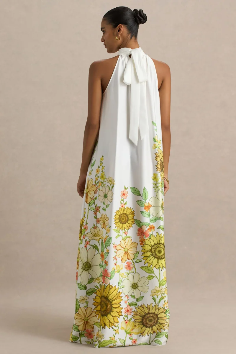 Glide | Vestido largo satinado con detalle de cuello con lazo y estampado de girasoles - Imagen 3